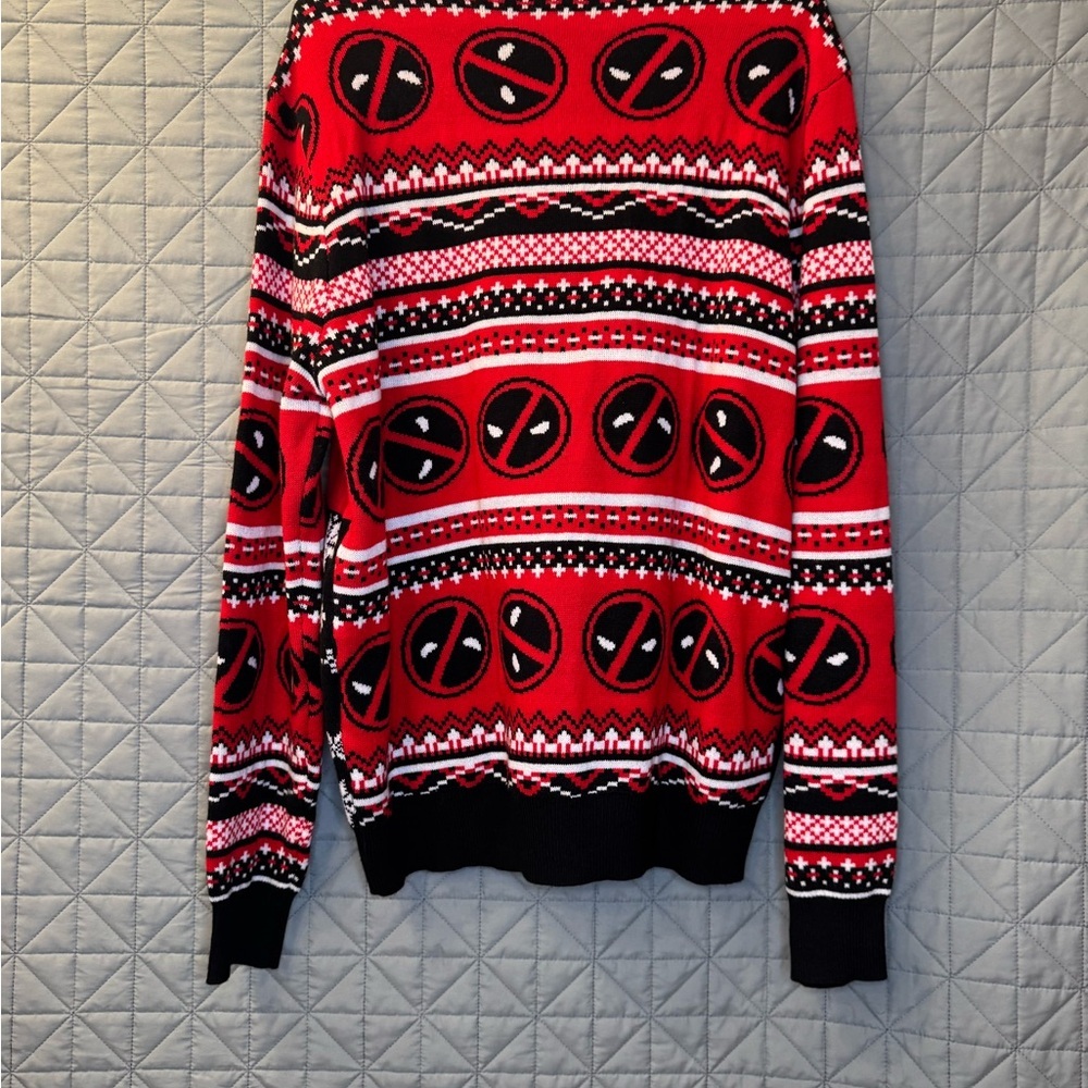 Marvel Deadpool Red and Black Holiday Crewneck Sweater GameStop Exclusive - Picture 2 of 3
